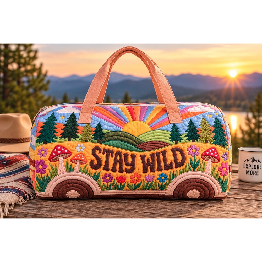 NEW Stay Wild Camper Quilted Weekender Duffle Bag Mushroom Boho Hippie Tote